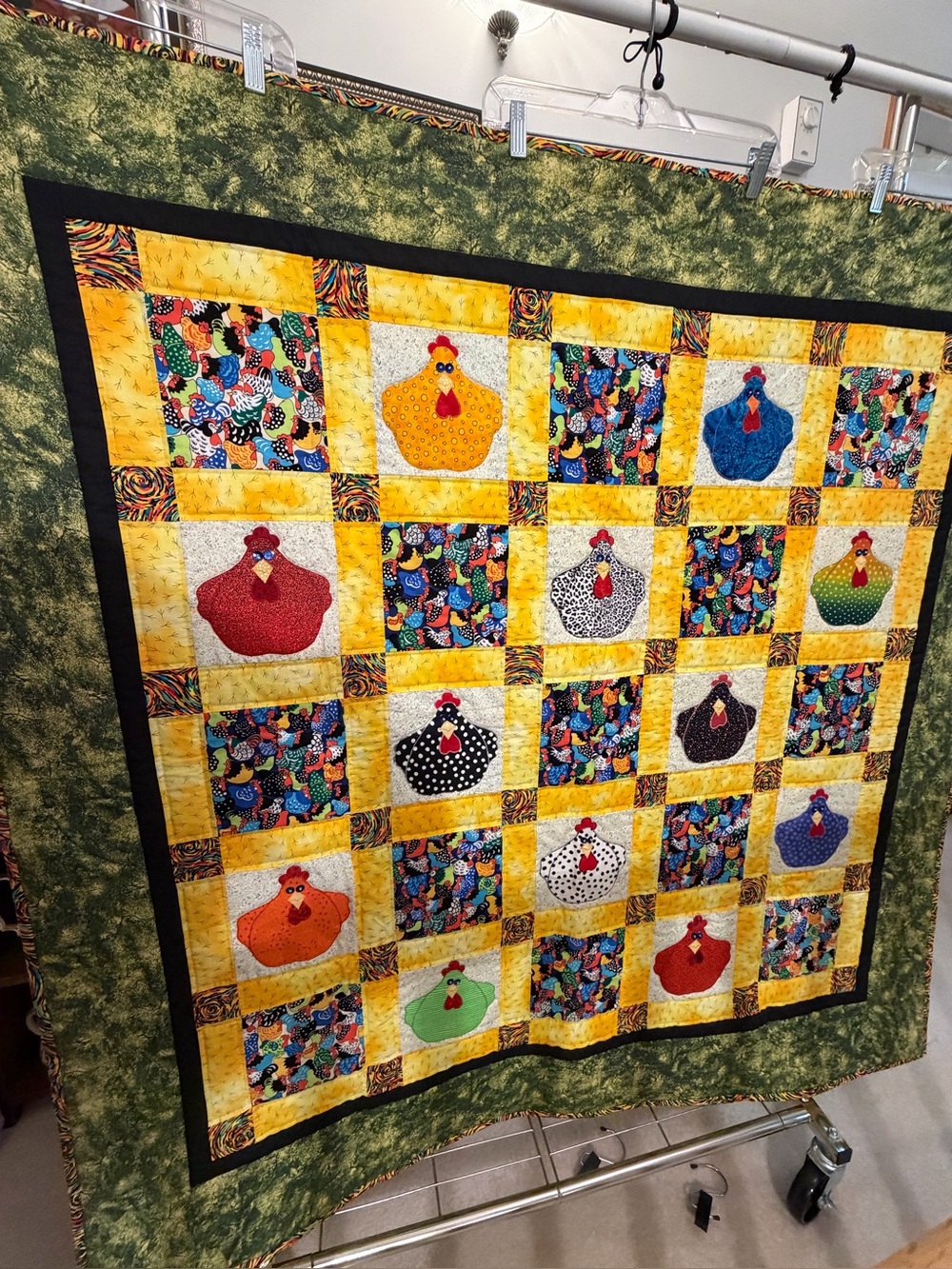 Colorful Chicken Patchwork Quilt - Yellow, Green, Multicolor